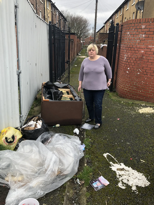 Jackie Pearcey is having to report fly tipping across Gorton and Abbey Hey despite Labour claims to be tackling the problem.