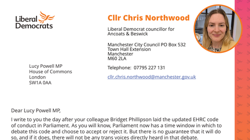 Screenshot of letter to Lucy Powell MP from Cllr Chris Northwood